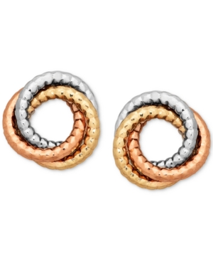 image of Italian Gold Tri-Color Textured Love Knot Earrings in 14k Gold, White Gold & Rose Gold