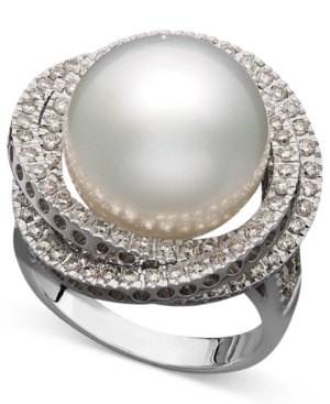 image of 14k White Gold Ring, Cultured South Sea Pearl (13mm) and Diamond (1 ct. t.w.) Ring