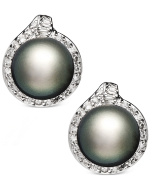 image of 14k White Gold Earrings, Cultured Tahitian Pearl (11mm) and Diamond (3/4 ct. t.w.) Stud Earrings