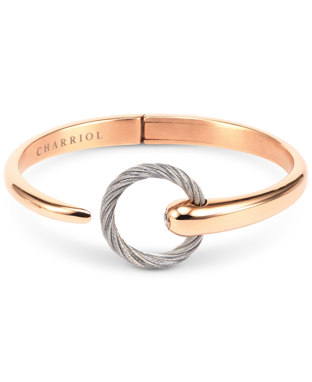 Charriol White Topaz Two-Tone Bangle Bracelet (1/5 ct. t.w.) in Stainless Steel & 14k Rose Gold-Plated Stainless Steel Pvd