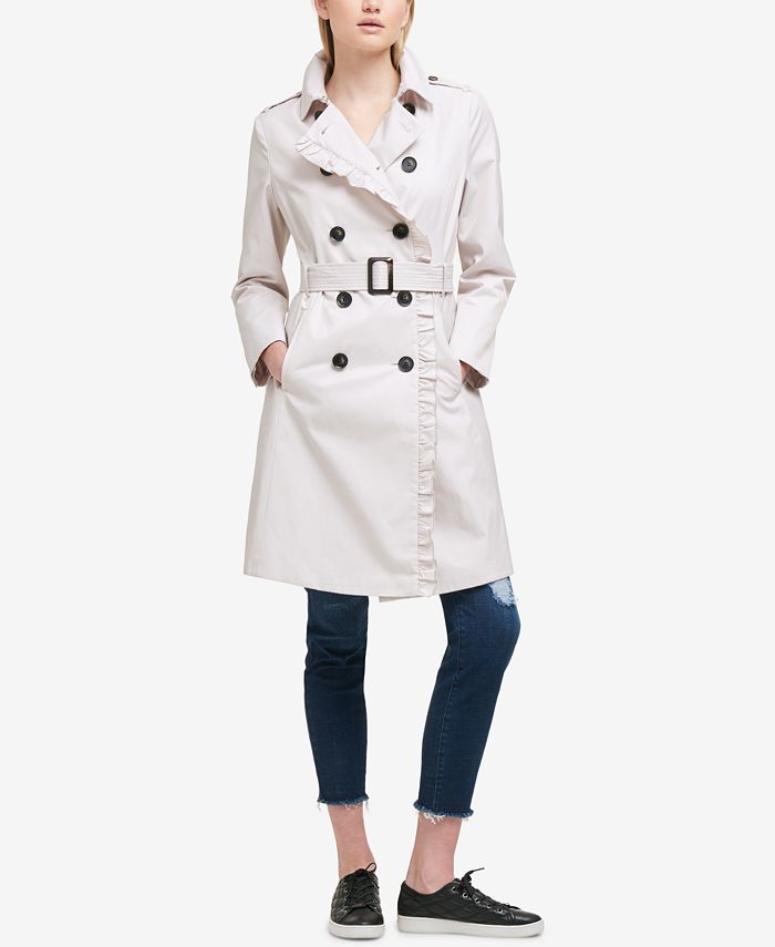 DKNY Ruffle-Trim Belted Trench Coat - Macy's