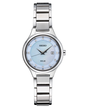 image of Seiko Women-s Solar Diamond-Accent Silver-Tone Stainless Steel Bracelet Watch 29mm