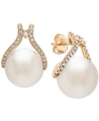 Cultured White Ming Pearl (12mm) & Diamond (1/3 ct. t.w.) Stud Earrings in 14k Gold