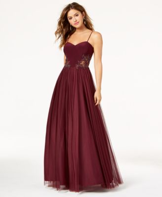 Blondie Nites - Juniors' Embellished-Appliqu&eacute; Tulle Gown