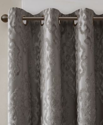 Mirage Knitted Jacquard Damask Total blackout curtains for bedroom, Silver grommet top fit up to 1.25 inches rod Single Curtain Panel for Living Room, Width 50 length 84 inches, Pitch Black Ambiance Charcoal 1 Window Panel