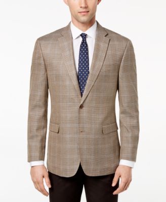 Tommy Hilfiger - Men's Modern-Fit Brown/Tan Houndstooth Windowpane Silk and Wool Sport Coat