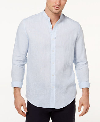 Tasso Elba Island Men's Band-Collar Linen Shirt, Created for Macy's ...