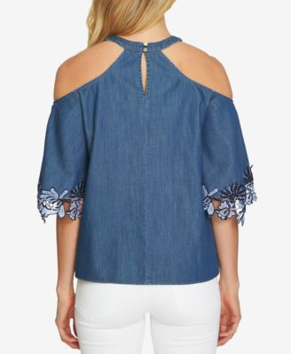 CeCe Cotton Embroidered Cold-Shoulder Top