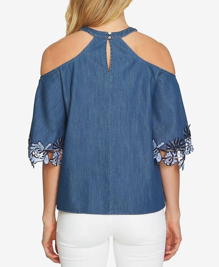 CeCe Cotton Embroidered Cold-Shoulder Top - Macy's