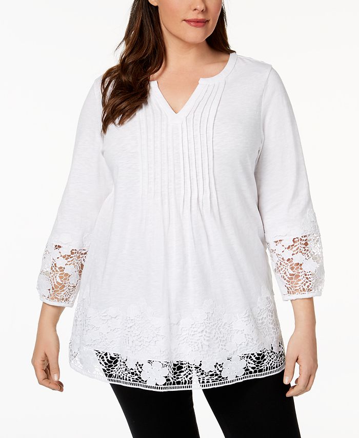 Charter Club Plus Size Cotton Crochet-Trim Top, Created for Macy's ...