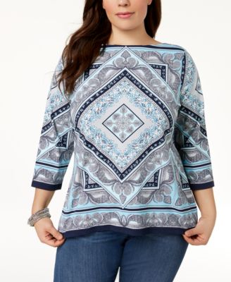 Charter Club Plus Size Printed Boat-Neck Top, Created for Macy's