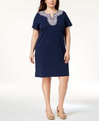 Karen Scott Plus Size Cotton Embellished Dress, Created for Macy's - Macy's