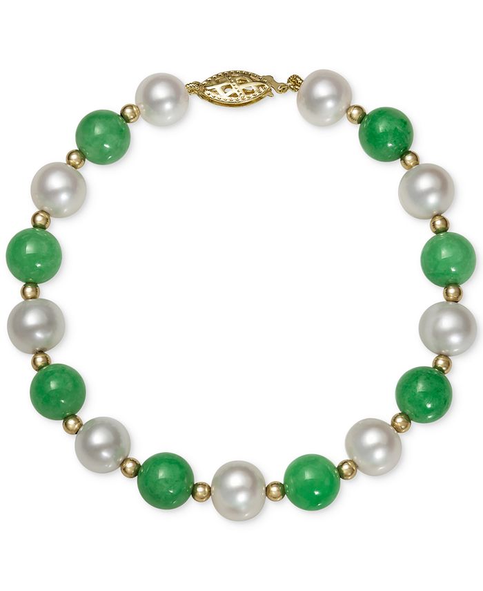 Macy's - 14k Gold Bracelet, Cultured Freshwater Pearl and Jade