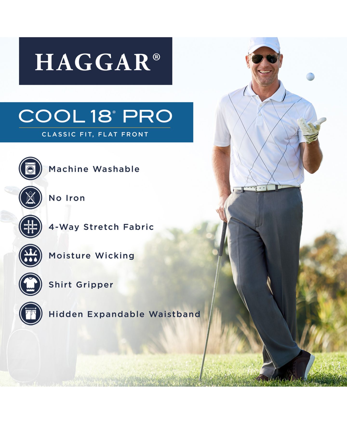 Мужские брюки Haggar Cool 18 PRO® Classic-Fit Expandable Waist Flat Front Stretch Dress Pants, цвет: Чёрный — фото 5