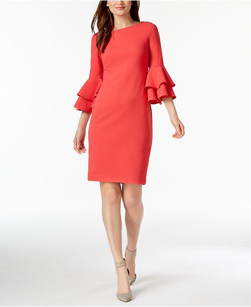 Calvin klein tiered bell sleeve sheath dress hunter ruching