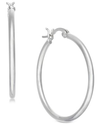 Silver Plated Polished Tube Medium Hoop Earrings 