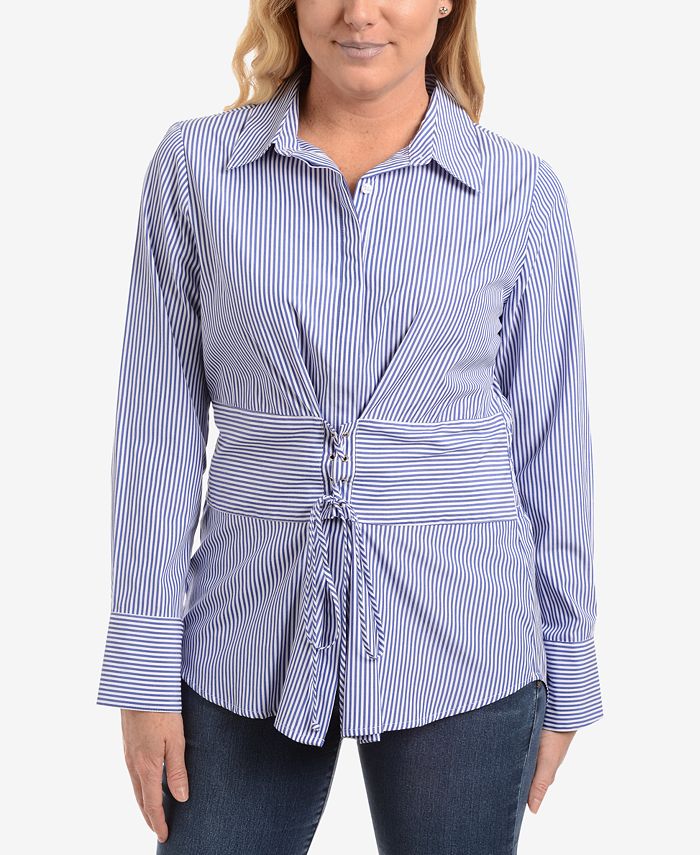 NY Collection Lace-Up Striped Blouse & Reviews - Tops - Women - Macy's