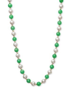image of Cultured Freshwater Pearl and Jade Necklace in 14k Gold