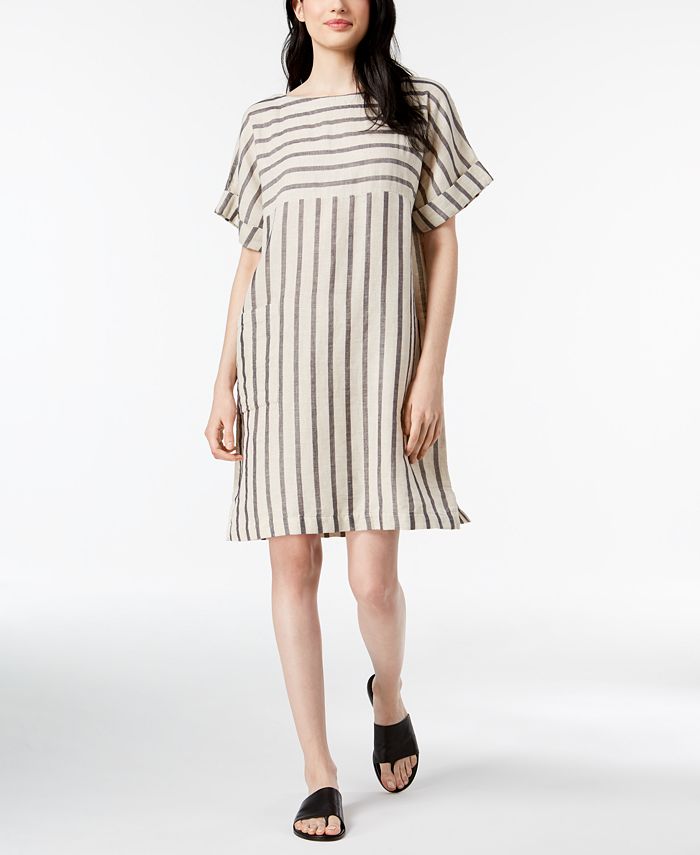 Eileen Fisher Organic Cotton Blend Striped Cuffed Sleeve Dress