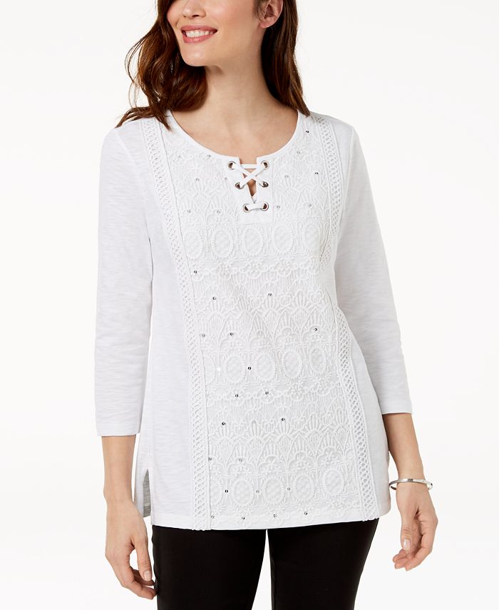 JM Collection Petite Cotton Lace-Up Crochet Top, Created for Macy's ...