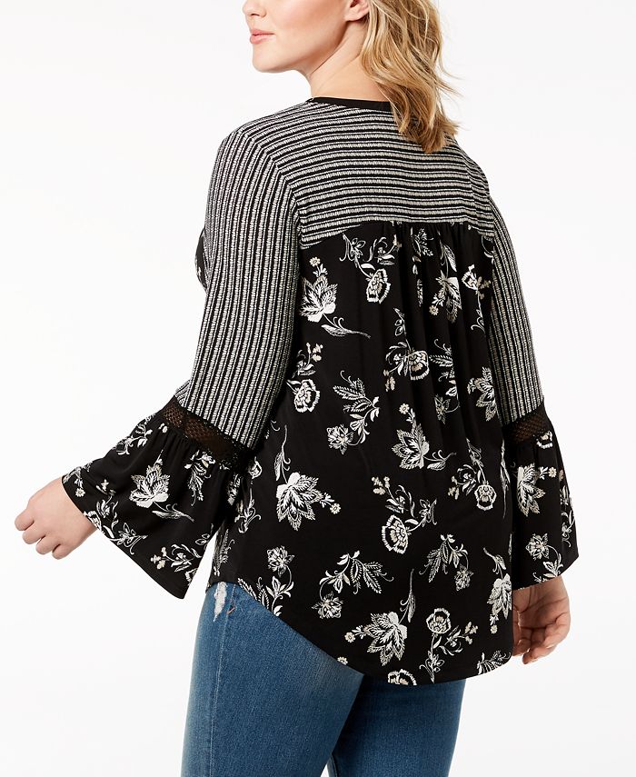 Style & Co Plus Size Mixed-Print Lantern-Sleeve Top, Created for Macy's ...
