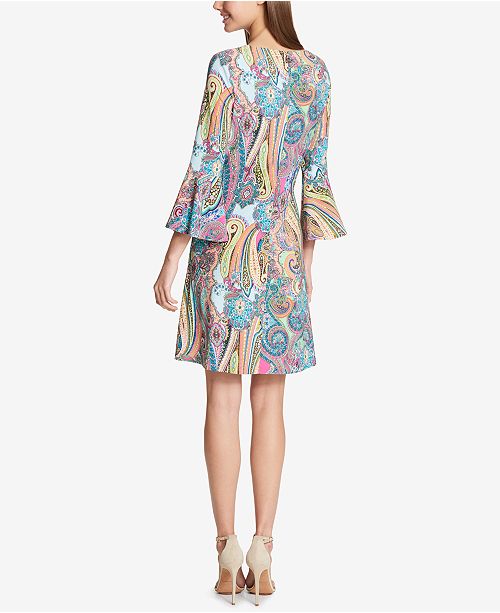 Tommy Hilfiger Women's Paisley Bell Sleeve Jewel Neck Knee Length Shift Dress Plus Blue Size 16W main image 1