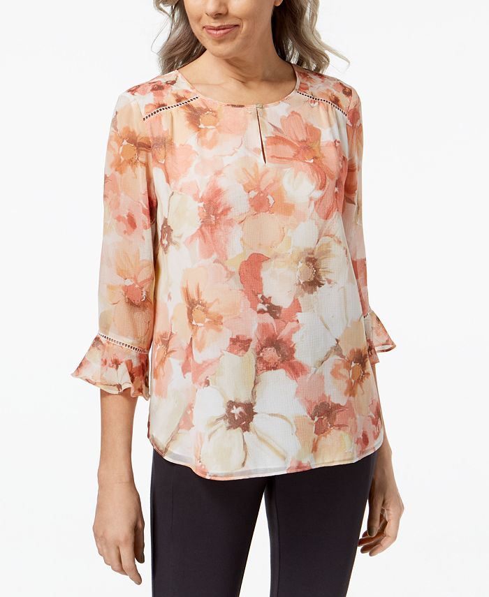 Alfred Dunner Petite Floral-Print Ruffle-Sleeve Top - Macy's