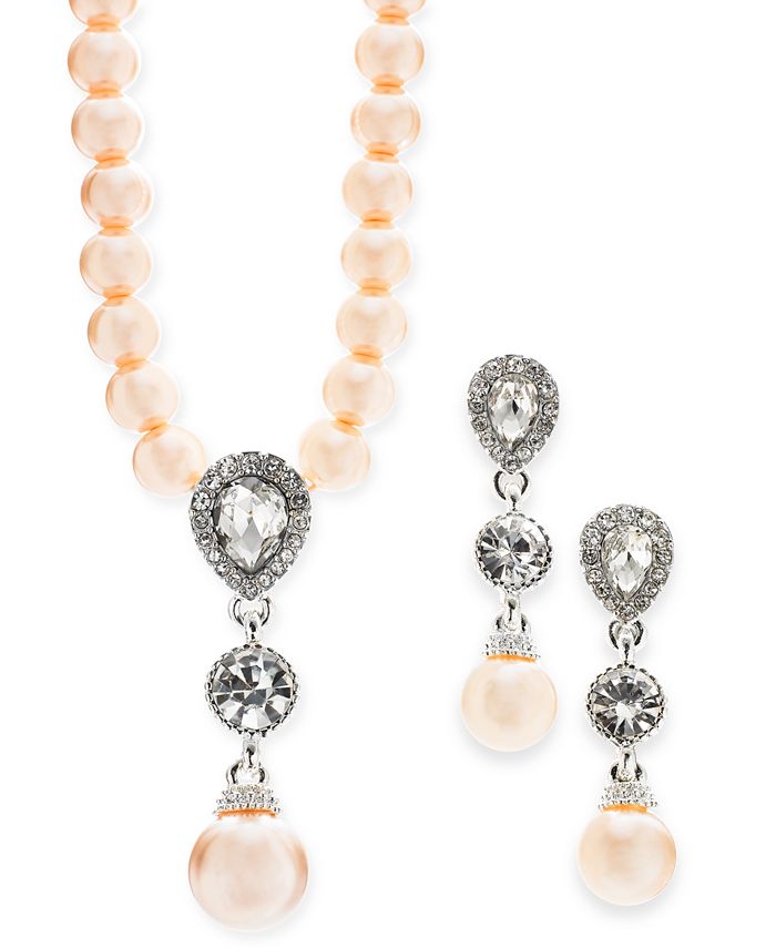 Charter Club - Gold-Tone Cubic Zirconia and Imitation Pearl Lariat Necklace & Drop Earrings Set