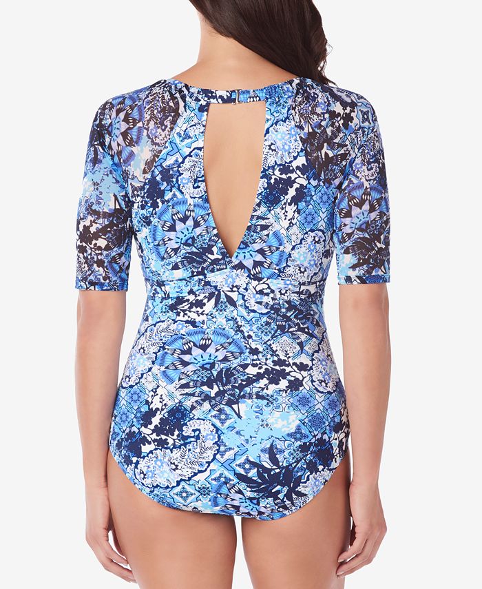 Swim Solutions Zen Garden Printed HighNeck ShortSleeve TummyControl