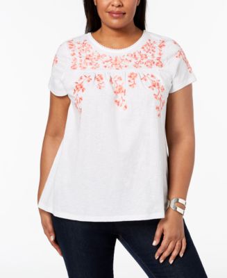 Charter Club Plus Size Cotton Embroidered Peasant T-Shirt, Created for ...