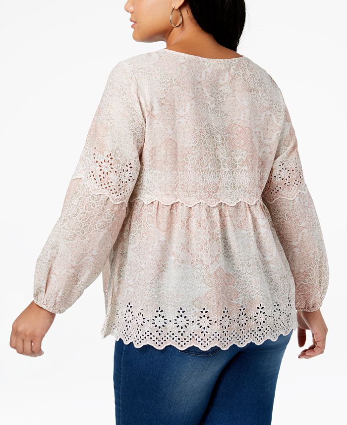 Style & Co Plus Size Cotton Printed Eyelet Peasant Top, Created for ...