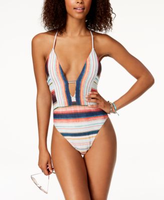 Lucky Brand Women's Stitch-Trimmed Plunging One-Piece Swimsuit - Macy's