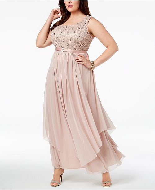 R & M Richards Plus Size Sequined Lace Belted Gown and Jacket & Reviews - Dresses - Women - Macy's
