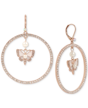 BETSEY JOHNSON EXTRA LARGE ROSE GOLD-TONE CRYSTAL & IMITATION PEARL BUTTERFLY DROP HOOP EARRINGS