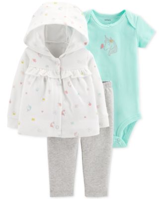 Carter's - 3-Pc. Hooded Cotton Cardigan, Bodysuit & Pants Set, Baby Girls