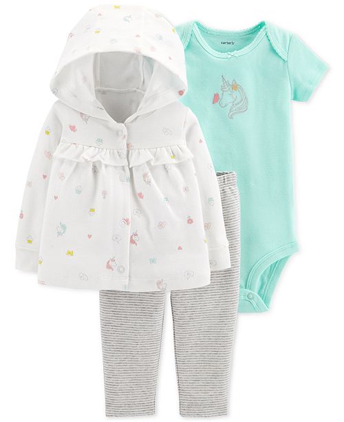 Carter's Baby Girls 3Pc. Hooded Cotton Cardigan, Bodysuit & Pants Set
