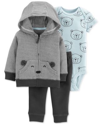 Carter's - 3-Pc. Cotton Bear Hoodie, Bodysuit & Pants Set, Baby Boys