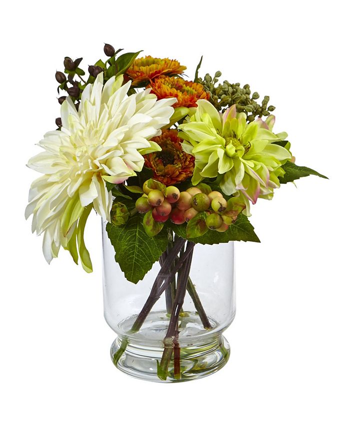 Nearly Natural - Mixed Dahlia and Mum with Glass Vase