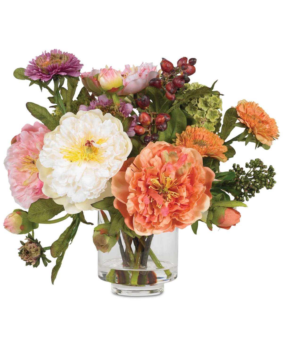 Artificial Peony Arrangement with Glass Vase - Multi