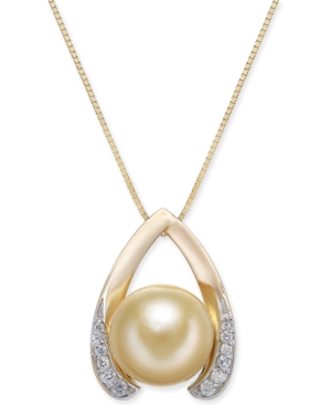 image of Cultured Golden South Sea Pearl (10mm) & Diamond (1/8 ct. t.w.) Wishbone 18