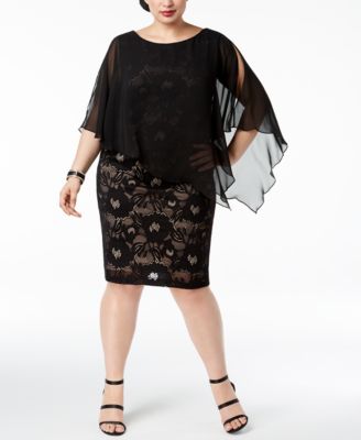 Connected Plus Size Lace Chiffon-Cape Dress