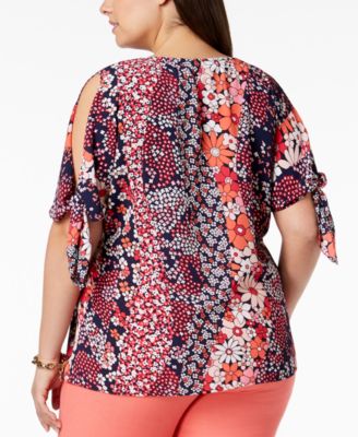 Michael Kors Plus Size Patchwork Floral Cold-Shoulder Top
