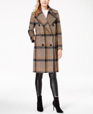 Kendall + Kylie Double-Breasted Plaid Walker Coat - Macy's