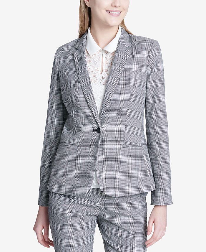 Calvin Klein Women's Glen Plaid Two-Button Jacket Gray Size 2