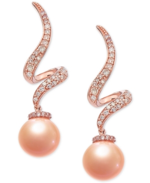 image of Pink Cultured Freshwater Pearl (7-1/2 mm) & Diamond (1/4 ct. t.w.) Swirl Drop Earrings in 14k Rose Gold