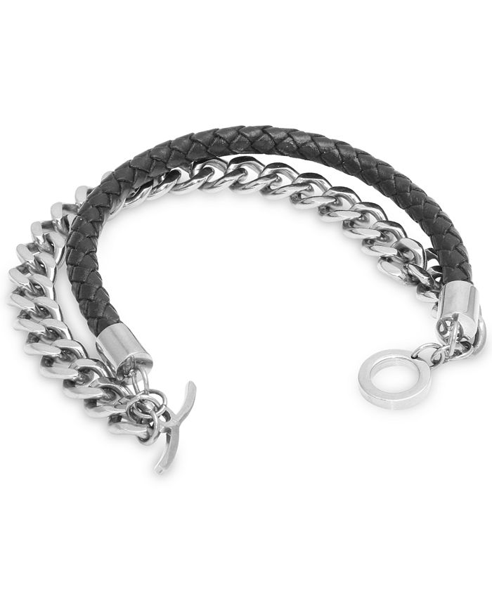 Macy's - Men's Braided Leather Layered Link Bracelet in Stainless Steel
