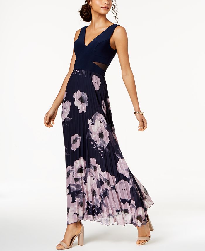 XSCAPE Pleated Floral-Print Gown - Macy's