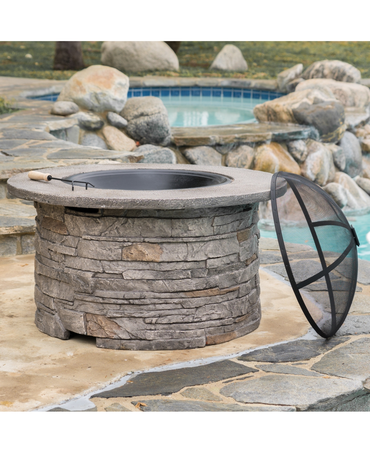 Noble House Garrin Round Wood Fire Pit In Stone