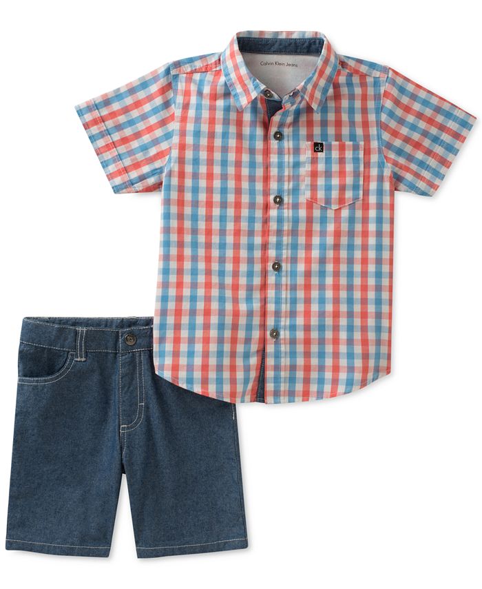 Calvin Klein Toddler Boys Plaid-Print Cotton Shirt & Shorts Set ...