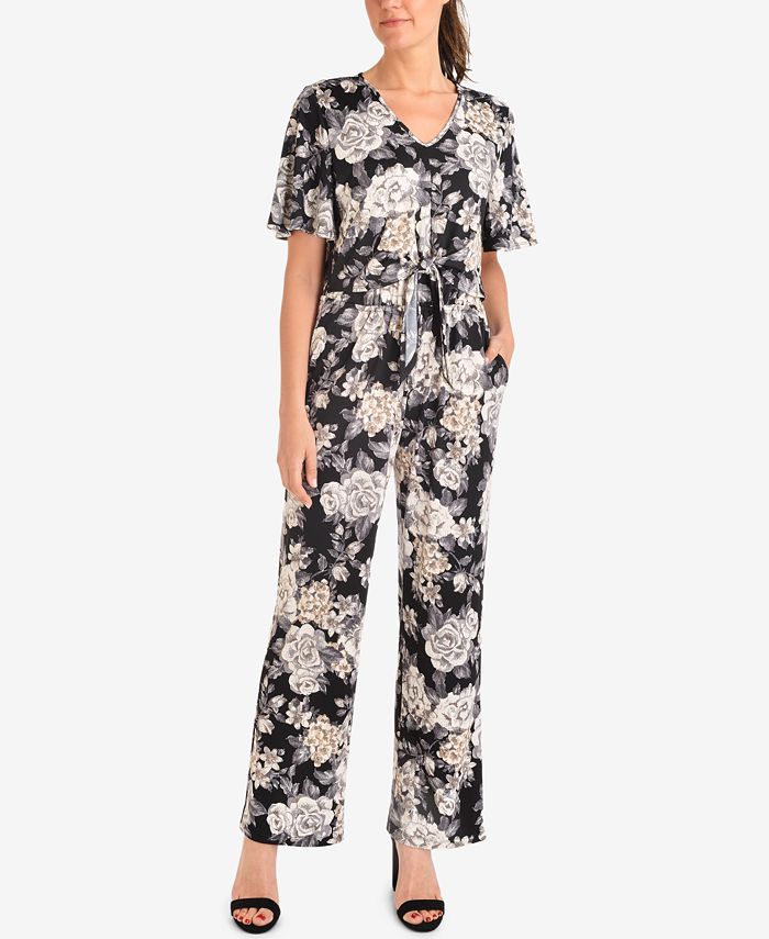 NY Collection Floral-Print Tie-Front Jumpsuit - Macy's